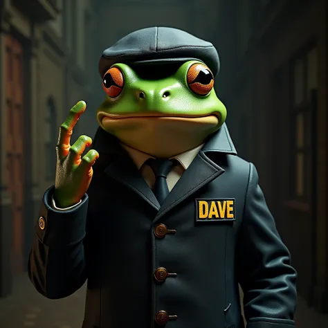 peaky blinders styled frog with a half cut pinky finger. wearing coat and hat. DAVE written on coat