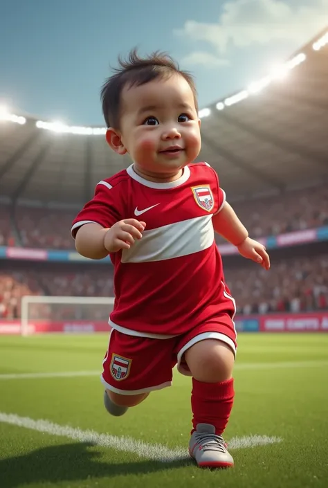 Healthy baby boy, chubby model for fashion show, running wearing Indonesian national team soccer uniform complete with shoes in studio lighting, with background of soccer stadium full of spectators, realistic and intricate details, warm colors of real baby