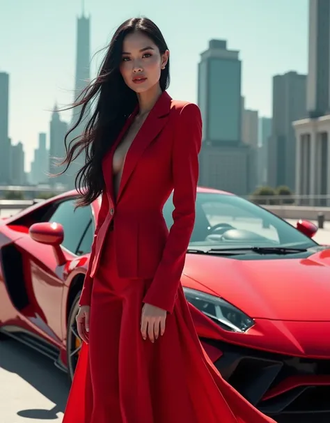 a woman in fantasy, black hair, red long formal shirt jacket long skirt dress clothes, he was standing beside red corvette car vehicle, masterpiece, vibrant effects, classic background, glitch tech effects, natural, sweetly smile, fashion, pose, amazing ci...