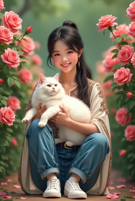 Korean beauty black hair ponytail wears ethnic shirt baggy jeans white sneakers are planted with beautiful roses holding a white Persian cat,  smiling sweetly