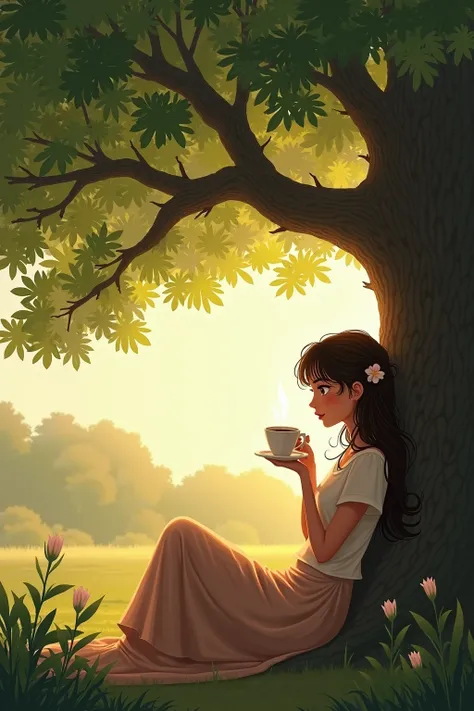 person under a tree drinking coffee on a sunny late afternoon