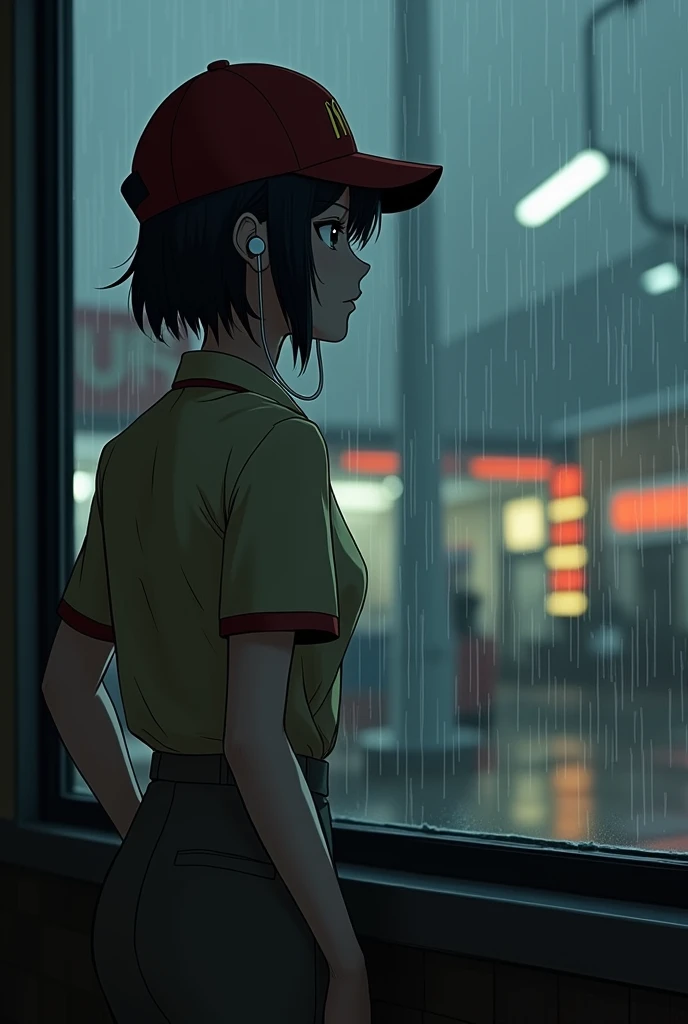  A girl with earphones in a McDonalds uniform watching the rain fall out the window.