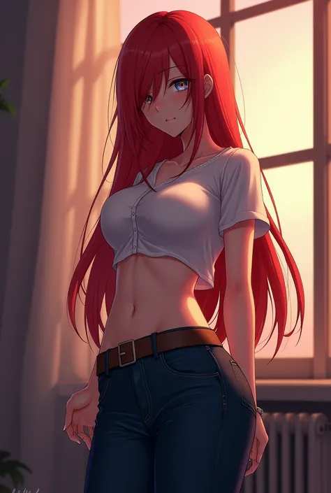 Ica from anime ,dark blue skinny jeans with curves, short white blouse,Short sleeves,very long red hair, hair over one eye,Evening,room with window , brown belt ,brown boots,tired, showing her big butt , full body, showing her breasts, sexy, full body