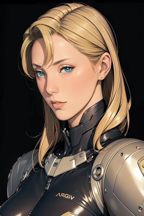 Frontal portrait:1，Cyber suit ， metallic finish ， plump mature beauty， blond hair，Broad shoulders，Saggy  ， to show off her cleavage， rich mech details ， pretty eyes，Delicate face，masterpiece， black background