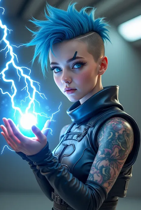 Young adult blue hair sci fi uniform tattoos blue eyes shaved eyebrow magic lightning magic