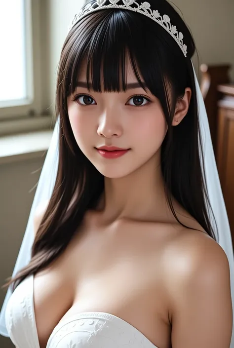 masterpiece, centered, cowboy shot, 1girl, solo, young girl, looking at viewer, (long hair, black hair, bangs, brown eyes), big breasts, cleavage, wedding dress, bouquet, (cold light, church:1.3),
