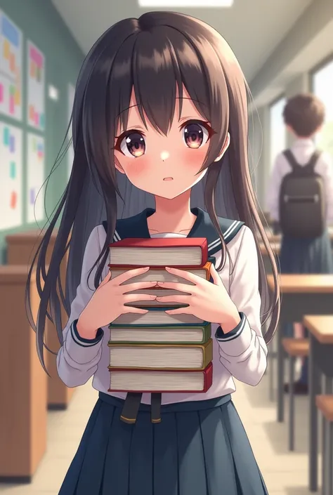 
Anime school girl being shy holding books with both hands 