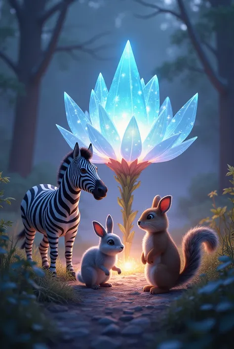 Zebra and bunny reached the source of the glow—a giant crystal flower radiating light. It was guarded by a squirrel.