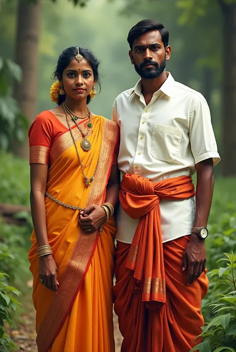 create a image of man and women wearing tamilnadu traditional dress make the man wear white shirt and dhoti 