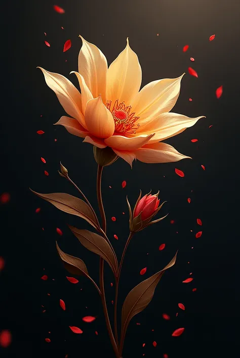 A title in English that says "a flower driven by the wind "  with a beautiful and elegant gold letter , with a black background and falling red petals