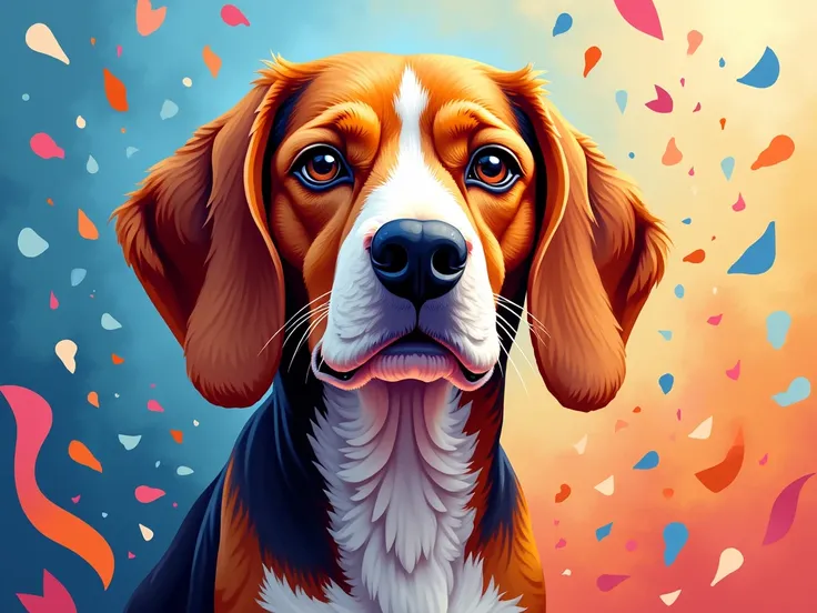 Masterpiece, Award Winning, Best Quality, UHD, High Quality,  Produce an eye-catching abstract artwork featuring a beagle, characterized by a riot of colors and fluid shapes. The piece should be a stunning visual experience, inviting admiration and discuss...