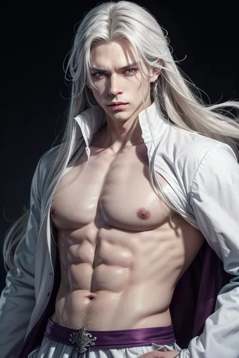  create a male swordsman with long white hair ,  with slanted eyes and no pupils , His eyes are purple ,  he has a well-defined chest and his clothes with an opening in his chest,  the color palette of his clothes is white ,  his clothes are loose ,  anime...