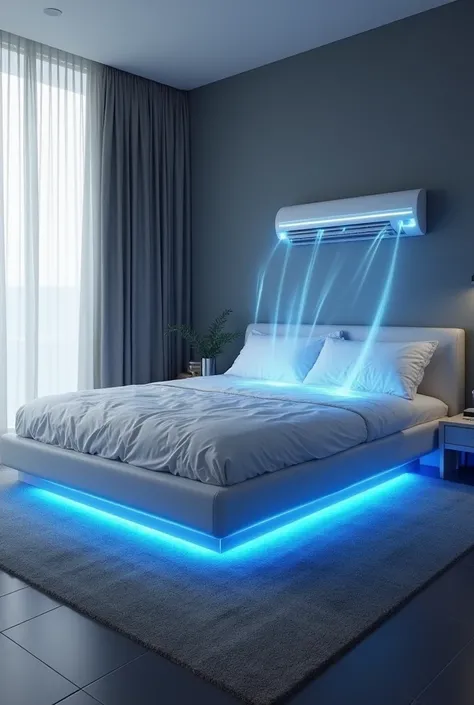  Create a picture ：The smart air conditioning bed ； perspective only shows the bed ， highlights the concept that different parts of the human body sleep have different temperatures ，. The bed detects the different temperatures of each part of the human bod...