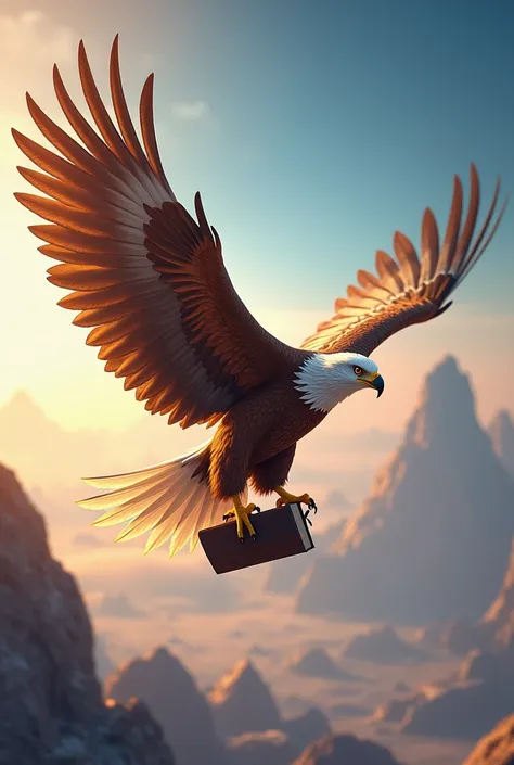  An eagle in flight holding a book or a pen in its claws, on a background with animated rays of light 
