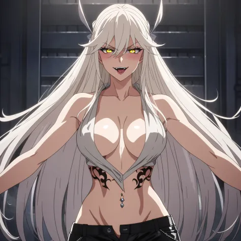 vysis, white hair, long hair, yellow eyes, medium breasts, anime coloring, blush, lipstick, long hair,  Hot girl, baddie, staring, glaring, bad attitude, mean girl,  masterpiece, best quality, highly detailed, indoors, bar background, inside bar, masterpie...