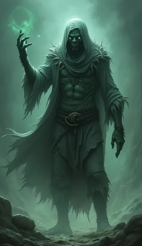 Fear Gorta is tall and gaunt, with hollow eyes that convey deep hunger and despair. His ragged clothes flutter in a cold wind, and an eerie glow surrounds him. His eyes glow intensely with rage, and his hands are raised as if casting a powerful curse. The ...