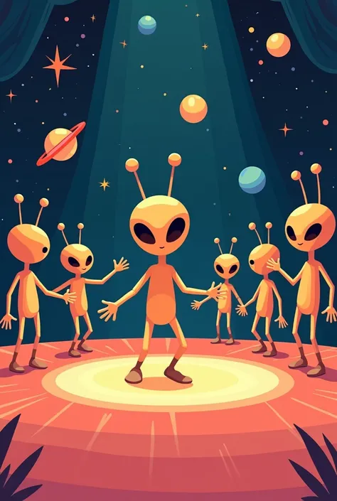  Alien design in a minimalist cartoon style, without many details.  Aliens have simple and geometric shapes ,  like round or triangular bodies ,  large oval eyes and thin antennas .  They are dancing in a cosmic environment ,  with a background that includ...