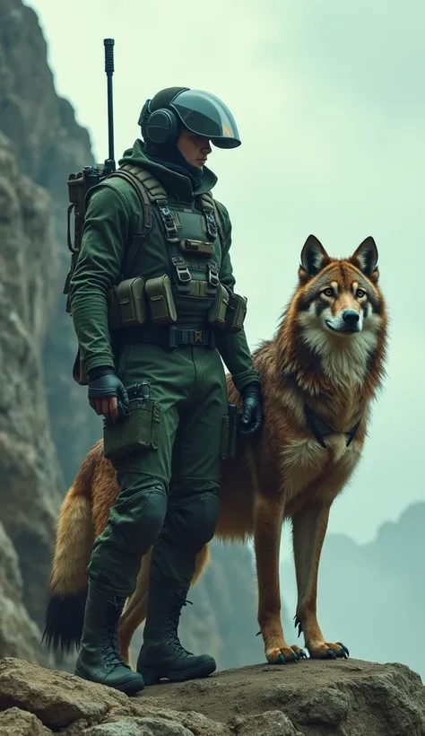 Sniper: A sharpshooter in a sleek green tactical suit with a massive hybrid hawk-wolf companion. The hawk-wolf has the body of a wolf and wings of a hawk. The scene is set on a rocky cliff under a cloudy sky.