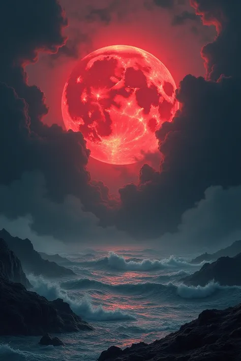  I drew a horror landscape with waters heard from the high seas , In the storm also dark in the night sky ,  with a giant blood moon reflecting its red light on the clouds 