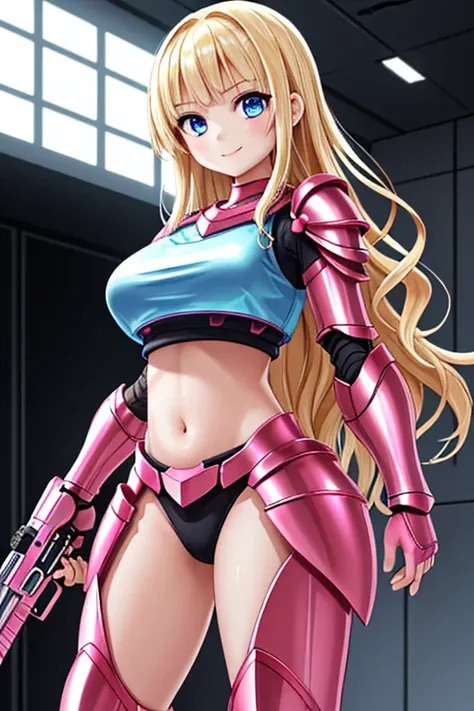 1girl, best quality, looking at viewer, kawaii, shiny skin, shiny clothes, meka armor, ((pink armor)), crop top, veritical navel, bare stomac, navel focus, huge breasts, long hair, wavy hair, blonde hair, blue eyes, holding laser rifle in right hand, smile...