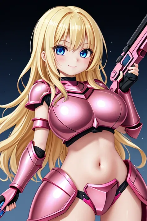 1girl, best quality, looking at viewer, kawaii, shiny skin, shiny clothes, meka armor, ((pink armor)), crop top, veritical navel, bare stomac, navel focus, huge breasts, long hair, wavy hair, blonde hair, blue eyes, holding laser rifle in right hand, smile...