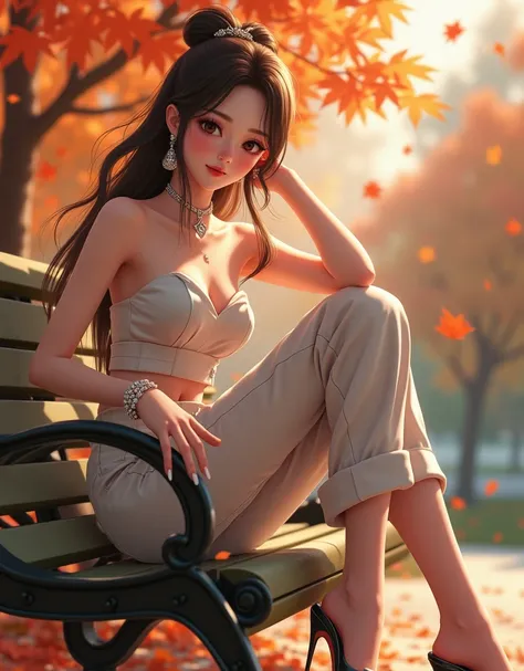 ((Shiori Suwano)), , Beihe, (( Octane Value Rendering )),  original photo, CG,  Side Facing Camera , Extremely sexy , (( Sexiest dress that attracts mens sexual desire ,  Long Stretch Earrings , Bracelet, Anklet, necklace,  Loose silk cropped trousers with...