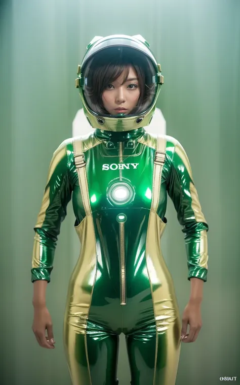 gyaru, dark-skinned, (shiny oiled skin:1.2), shortcut hair, wearing pale tone green space suits, standing, pale tone green background, thick fog, sony a7, film grain, Photorealistic, one-point perspective, 32K, soft lighting, full body shot, deep thick fog...