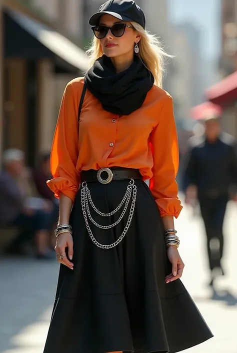 Can you please make a woman age 40. She is wearing flair skirt black color with tuck in longsleeve orange shirt. She wearing rock bangle on her hand and double layer silver chain on her left skirt. Besides that, she also cover her hair with black scarf and...