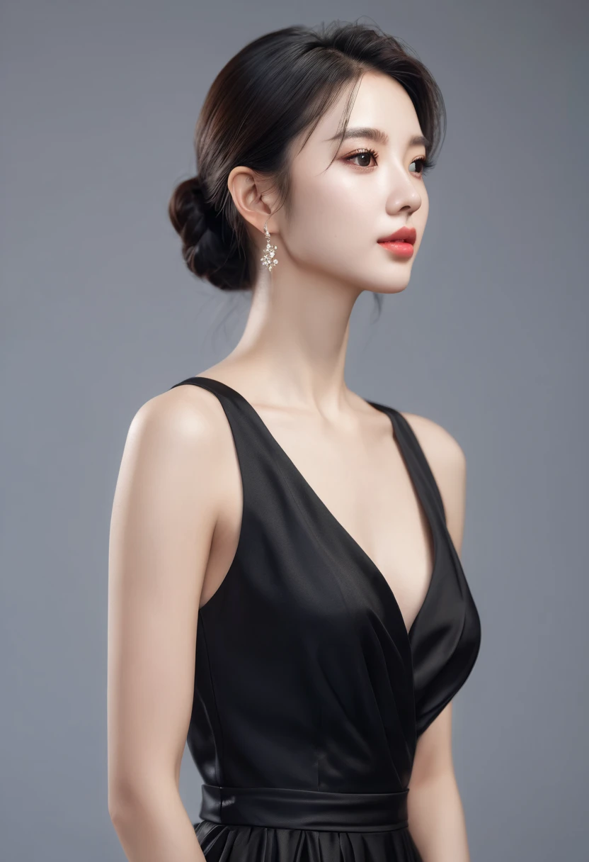 (( is the best quality, 8K )),   of a young lovely woman, Realistic, side view, portrait,  Super Realistic ,  highly detailed,  highly detailed skin,  high quality,  black dress