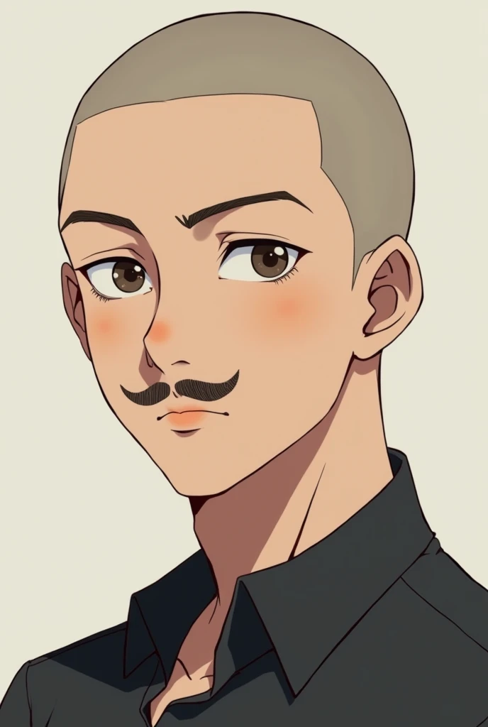 a anime boy, 20 years, a shaved head and short mustache