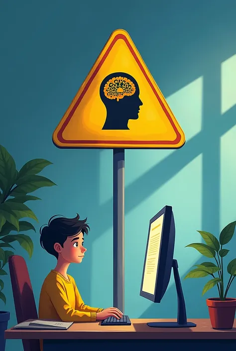 Create a warning sign with only visual elements. Include a bright yellow caution symbol and an icon representing AI, such as a digital brain or connected network. In the foreground, illustrate a  using a computer, highlighting the concern about AI usage by...