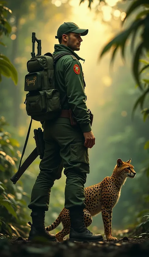 Scout: An agile officer in a lightweight green uniform with a cheetah-serpent companion. The cheetah-serpent has a cheetah’s body with scales and a snake’s tail. The environment is a dense jungle at dawn.