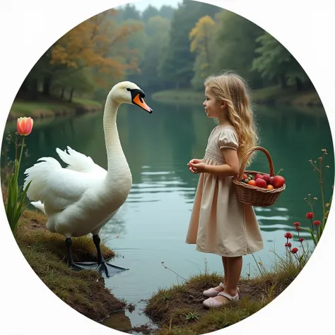  Round-shaped Lake ,  Small Lake , pond, Quiet and Peaceful ,  A Snow-White Swan in Her Teeth A beautiful Tulip flower stands next to the shore A girl Beautiful and Pretty blonde hair looks at a swan,  The girl in her hands holds a Small Basket containing ...