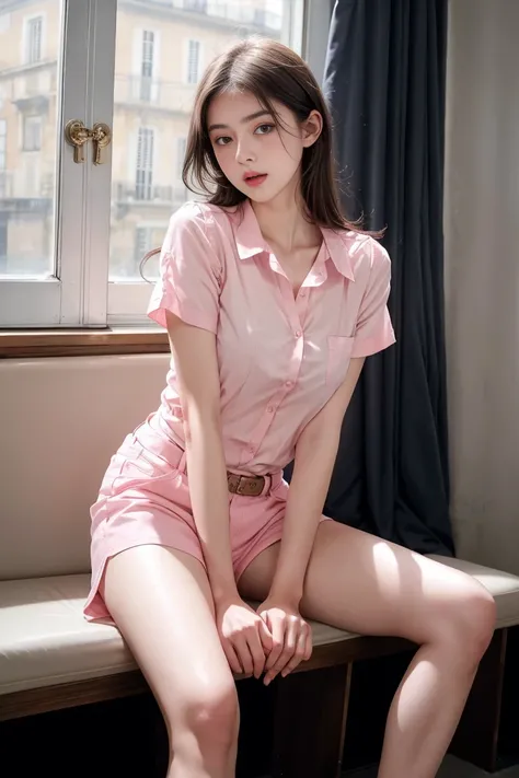 a beautiful french 18 year old brunete girl, handcuffed, wearing a pink short sleeve shirt realistic, visible legs, doggystyle position, high quality, detailed, photorealistic, cinematic lighting, soft colors, elegant, erotic,pale skin,open mouth