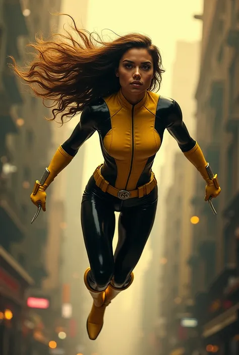 
 REALISTIC LIVE ACTION IMAGE OF a woman in a yellow and black outfit is flying through the air,  an image inspired by Mike Deodato , instagram, antipodeans, no text, fox, Mike Deodato Jr, Wolverine action pose , wonderful expression, x-man bittersweet fan...