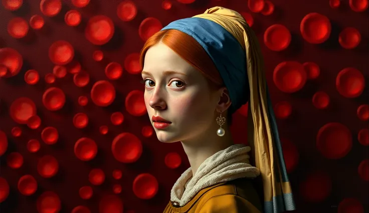 Girl with a Pearl Earring - Johannes Vermeer, upper body, redhead, large breast. background full of red blood cells