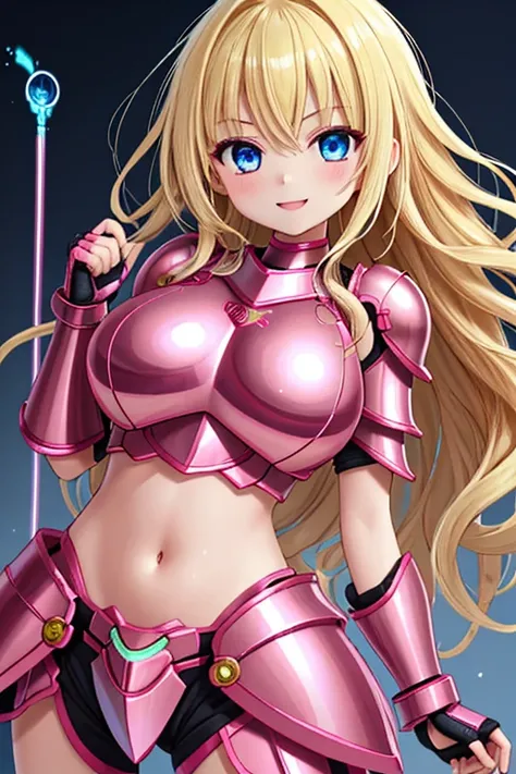 1girl, best quality, looking at viewer, kawaii, shiny skin, shiny clothes, meka armor, ((pink armor)), crop top, veritical navel, bare stomac, navel focus, huge breasts, long hair, wavy hair, blonde hair, blue eyes, holding energy blade in right hand, smil...