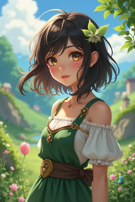 A young adult, round dark eyes, medium wavy hair, dark brown, almost black., She has brown skin and a slightly shorter stature ;  wears a cottegecore style dress and has an anemo vision . Estilo genshin impact.