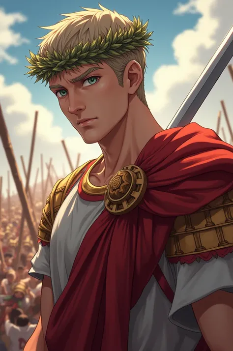  top quality,  greatest masterpiece,  highest resolution，（Julius Caesar），（battlefield_background）， has a sword，laurel wreath head， short hair ，Shaved Face，Middle-aged men， anime style,（4K）, Alone， ((whole body)) ，Tsuyoshi Nagano Style， Nobunagas Ambition I...