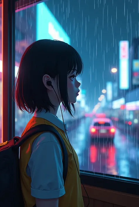  A girl with earphones in a McDonalds uniform cyberpunk watching the rain fall out the window. Chromatic aberration Abuse , anime, 