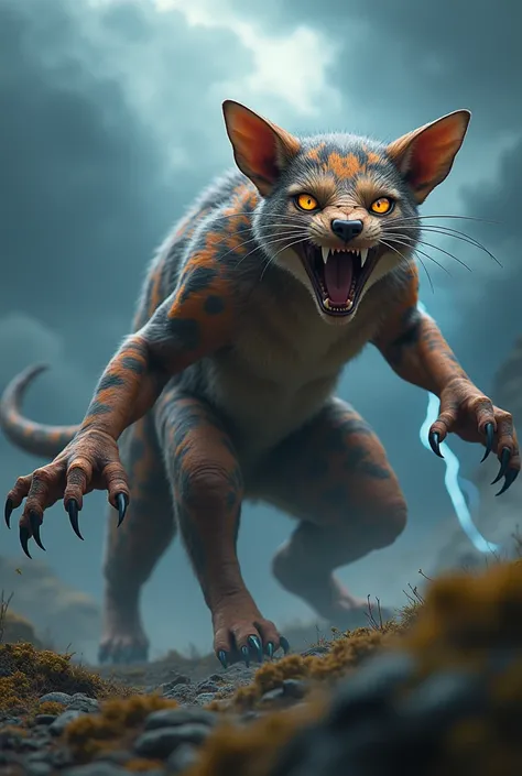 "A hyper-realistic hybrid creature blending the features of a dog and a rat, inspired by Pokémon design aesthetics. The creature looks dangerous and imposing, with sharp claws, glowing eyes, and a fierce posture. Its body combines feline grace with rodent ...