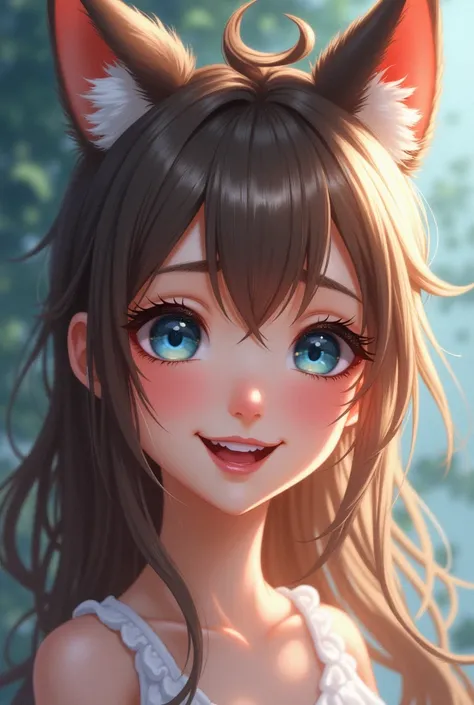 solo,  1 girl , Ahoge, accurate,  High Details , chest,  dog ear,  wolf ears ,  smiles,  blue eyes,  blush, 