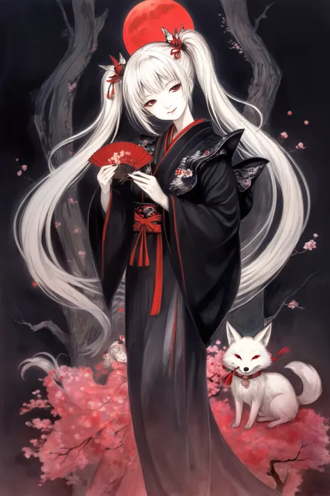 by Yoshitaka Amano, (Broad lighting), low key lighting , Picturesque, dark( fantasy art , (Yoshitaka Amano)), (Full-length portrait of a woman, moak, black twin tail hair, smile), shrine, (Red Moon, Black kimono , Red accents), Cherry blossom fan , 1 w...