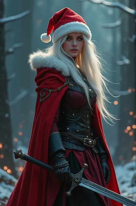 woman, white hair,  golden eyes,  glowing eyes ,red cloak,black clothes,SANTA HAT, Christmas scenario,night,Dark war background, warrior,sword,iron nails