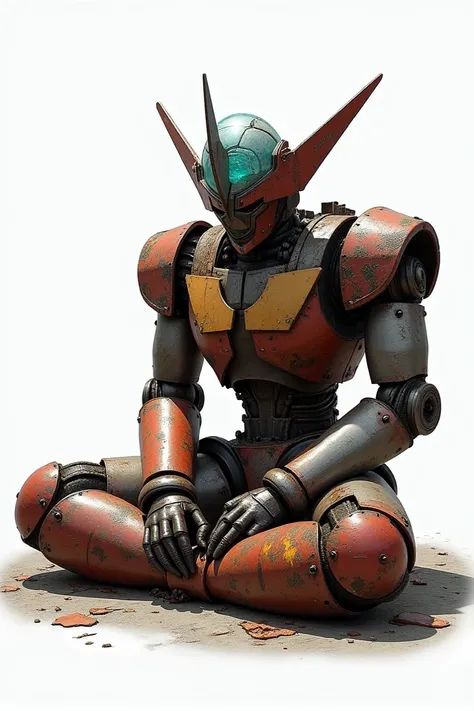  Robot Mazinger z sitting on the floor with his arms resting on his knees, The robot is very rusty ,  with pieces of broken metal and eaten by time ,  with the very aged and discolored paint ,  the ship in the head with the broken glass , fondo blanco 