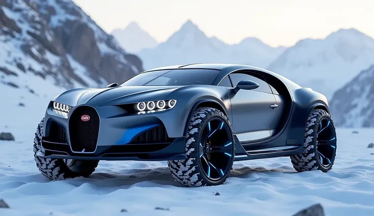 Hypercar Concept 5
A futuristic Bugatti SUV with a massive stance, off-road capability, and glowing blue accents. The body has a brushed titanium finish, with vertical LED headlamps and wheels designed with integrated lighting. Set in a snowy, futuristic m...