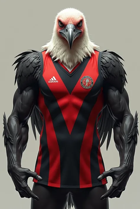 A King Vulture wearing the Flamengo Regatta Club shirt, muscular and strong, humanoid body