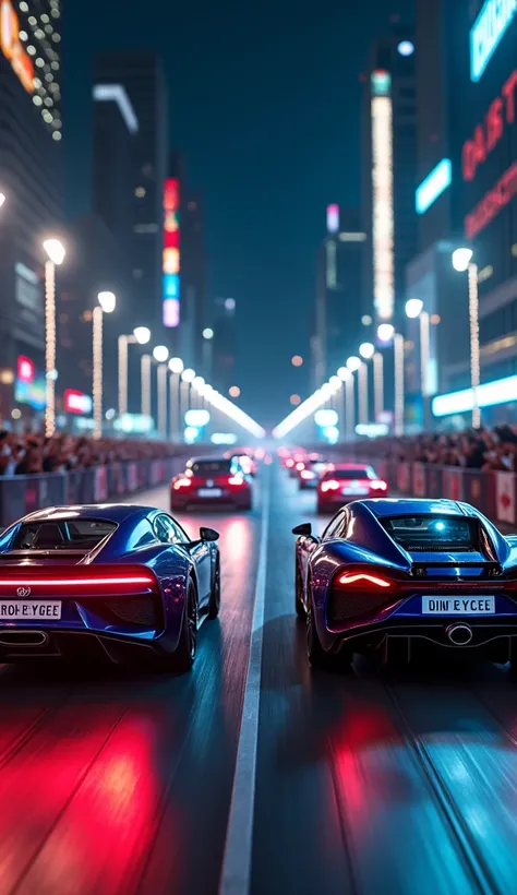 Hyper-realistic 8k image "On the bright lights of the night city race track. "Spiderman" and "Lionel Messi" are driving, Spiderman is wearing his red and blue suit. A red sports car "Rolls-Royce La Rose Noire Droptail" is driving in the drivers seat, and h...