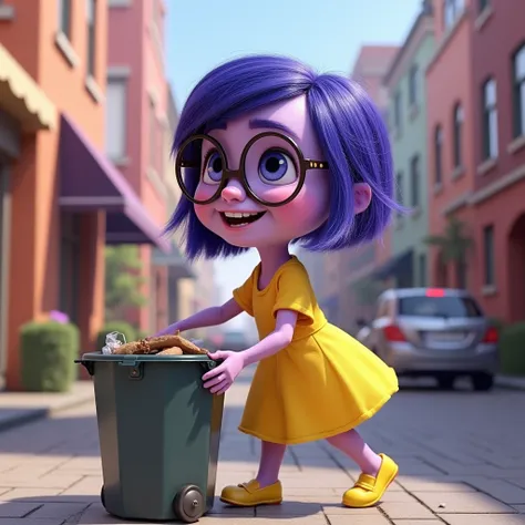  create a character inspired by the style of the characters from Inside Out 2 in the following positions:  with light purple skin , short straight yellow and purple hair,  yellow dress ,  yellow shoes and yellow glasses , Pixar,3d , Throwing garbage in the...