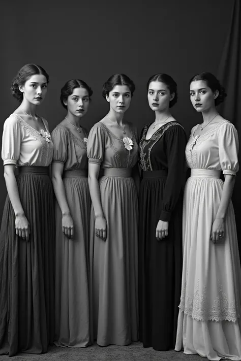 Genere six jeunes filles d environ 18 ans en 1908 et qui ont des styles similaires aux tenues de rose dans downton abbey. J insiste sur le fait qu elles doivent etre six et que l image doit etre en noir et blanc